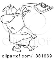 Poster, Art Print Of Cartoon Black And White Chubby Man Failing At His New Year Resolution Throwing A Scale Over His Head And Giving Up