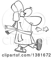 Clipart Of A Cartoon Happy Black And White Man Taking A Winter Stroll Royalty Free Vector Illustration