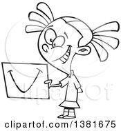 Clipart Of A Cartoon Black And White Happy Girl Sharing A Smile On A Piece Of Paper Royalty Free Vector Illustration