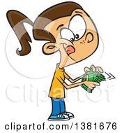 Clipart Of A Cartoon Happy Brunette White Girl Counting Her Cash Money Royalty Free Vector Illustration by toonaday