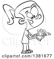 Poster, Art Print Of Cartoon Black And White Happy Girl Counting Her Cash Money