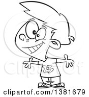 Clipart Of A Cartoon Black And White Happy Boy Welcoming With Open Arms Royalty Free Vector Illustration