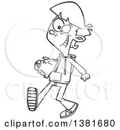 Clipart Of A Cartoon Black And White Happy Teenage Boy Walking With A Piggy Bank Royalty Free Vector Illustration by toonaday