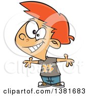 Clipart Of A Cartoon Happy Red Haired White Boy Welcoming With Open Arms Royalty Free Vector Illustration