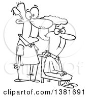 Clipart Of A Cartoon Black And White Happy Senior Couple The Wife Sitting And Man Standing Royalty Free Vector Illustration