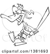 Clipart Of A Cartoon Black And White Ninja Duck Swinging A Katana Sword Royalty Free Vector Illustration by toonaday