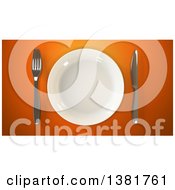 Clipart Of A 3d Plate And Silverware On An Orange Background Royalty Free Illustration