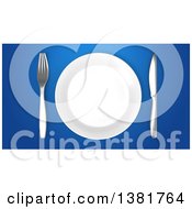 Clipart Of A 3d Plate And Silverware On A Blue Background Royalty Free Illustration