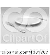 Clipart Of A 3d Plate And Silverware On A Gray Background Royalty Free Illustration