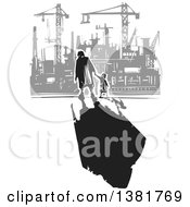 Poster, Art Print Of Black And White Woodcut Senior Woman Walking With A Grandchild And A Dark Shadow Near A Gray Factory