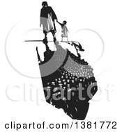 Black And White Woodcut Senior Woman Walking With A Grandchild And A Dark Shadow Of Refugees