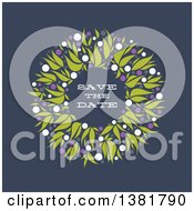 Clipart Of A Flat Design Allium Floral Save The Date Wedding Wreath On Blue Royalty Free Vector Illustration