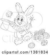 Poster, Art Print Of Cartoon Black And White Bunny Rabbit Magician Performing A Trick With Easter Eggs