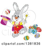 Poster, Art Print Of Cartoon Gray Bunny Rabbit Magician Performing A Trick With Easter Eggs