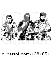 Black And White Group Of Male Terrorists Sitting With Rifles