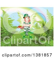 Female Red Haired St Patricks Day Leprechaun Fairy Sitting On Shamrocks And Ferns At The End Of A Rainbow