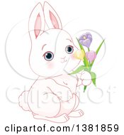 Poster, Art Print Of Cute White Bunny Rabbit Holding Spring Flowers