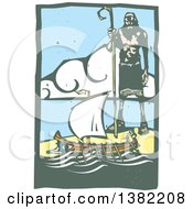 Clipart Of A Woodcut Cyclopes Polyphemus Towering Over A Grecian Galley Ship From Homers Odyssey Greek Mythology Royalty Free Vector Illustration by xunantunich