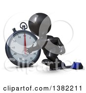 Poster, Art Print Of 3d Black Man Runner Taking Off On Starting Blocks By A Giant Stop Watch On A White Background
