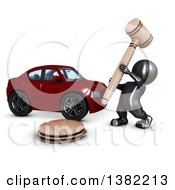 3d Black Man Auctioneer Banging A Gavel By A Car On A White Background
