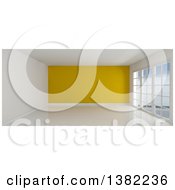 Poster, Art Print Of 3d Empty Room Interior With Floor To Ceiling Windows White Flooring And A Yellow Feature Wall