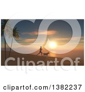 Poster, Art Print Of 3d Silhouetted Fit Woman Jogging With Her Dog At Sunset Or Sunrise On A Beach