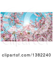 Poster, Art Print Of Background Of Watercolor Styled Branches And Pink Cherry Blossoms Against A Spring Sky