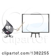 Cartoon Oil Drop Mascot Holding A Pointer Stick To A Presentation Board