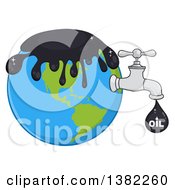 Cartoon Oil Drop With Text Leaking From A Faucet From Planet Earth