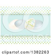 Poster, Art Print Of Easter Eggs And Text On A Pastel Blue Panel Over Polka Dots
