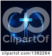 Poster, Art Print Of Glowing Blue Cross In A Circle Over Metallic Honeycomb Texture