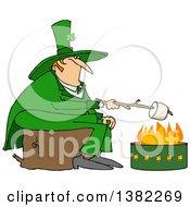 Chubby St Patricks Day Leprechaun Sitting On A Stump And Roasting A Marshmallow Over A Fire Pit