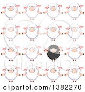 Background Of A Cheering Black Sheep Standing Out In A Crowd Of White Sheep