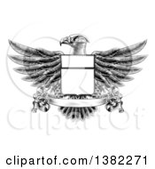 Poster, Art Print Of Black And White Engraved Or Woodcut Heraldic Coat Of Arms American Bald Eagle With A Shield And Blank Banner