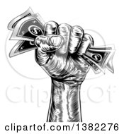 Clipart Of A Black And White Woodcut Or Engraved Revolutionary Fist Holding Cash Money Royalty Free Vector Illustration