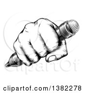 Clipart Of A Retro Black And White Woodcut Or Engraved Fisted Hand Holding A Pencil Royalty Free Vector Illustration