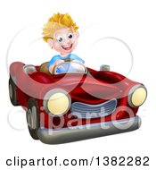 Poster, Art Print Of Happy Blond White Boy Driving A Red Convertible Car