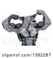 Poster, Art Print Of Tough Muscular Gray Wolf Man Mascot Flexing His Muscles From The Waist Up