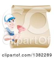 Poster, Art Print Of Young Brunette White Male Plumber Wearing A Baseball Cap Holding A Plunger Around A Scroll Sign