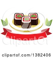 Poster, Art Print Of Sushi Rolls With Leaves And A Blank Banner