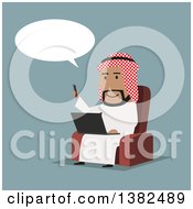 Poster, Art Print Of Flat Design Arabian Business Man Using A Smart Phone And Laptop On Blue