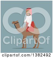 Poster, Art Print Of Flat Design Arabian Man Riding A Camel On Blue