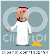 Poster, Art Print Of Flat Design Arabian Business Man Holding A Calculator By A Pile Of Coins On Blue