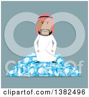 Poster, Art Print Of Flat Design Arabian Business Man Sitting On A Pile Of Diamonds On Blue
