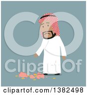 Poster, Art Print Of Flat Design Arabian Business Man With A Broken Piggy Bank On Blue