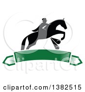 Poster, Art Print Of Black Silhouetted Rider On A Leaping Horse Above A Blank Green Banner