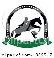 Poster, Art Print Of Black Silhouetted Rider On A Leaping Horse Above A Blank Green Banner In An Arch Of Stars