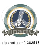 Clipart Of A Violin And Bow Inside A Circle With A Wreath And Blank Banner Royalty Free Vector Illustration