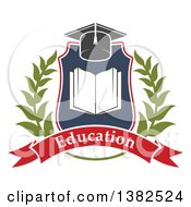 Poster, Art Print Of Book With Open Pages In A Shield With A Wreath Graduation Mortar Board Hat And Education Banner