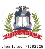 Clipart Of A Book With Open Pages In A Shield With A Wreath Graduation Mortar Board Hat And Blank Banner Royalty Free Vector Illustration by Vector Tradition SM